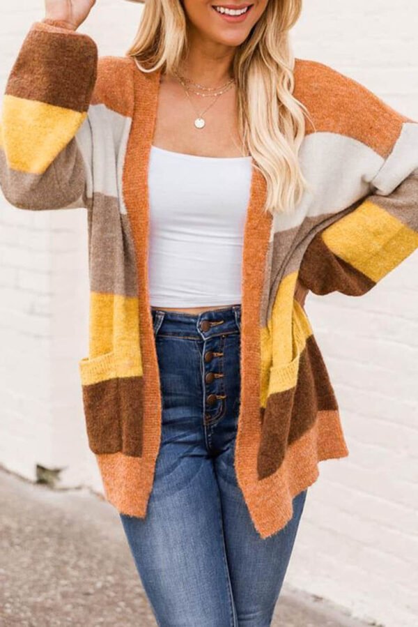 Open Front Pocketed Colorblock Cardigan