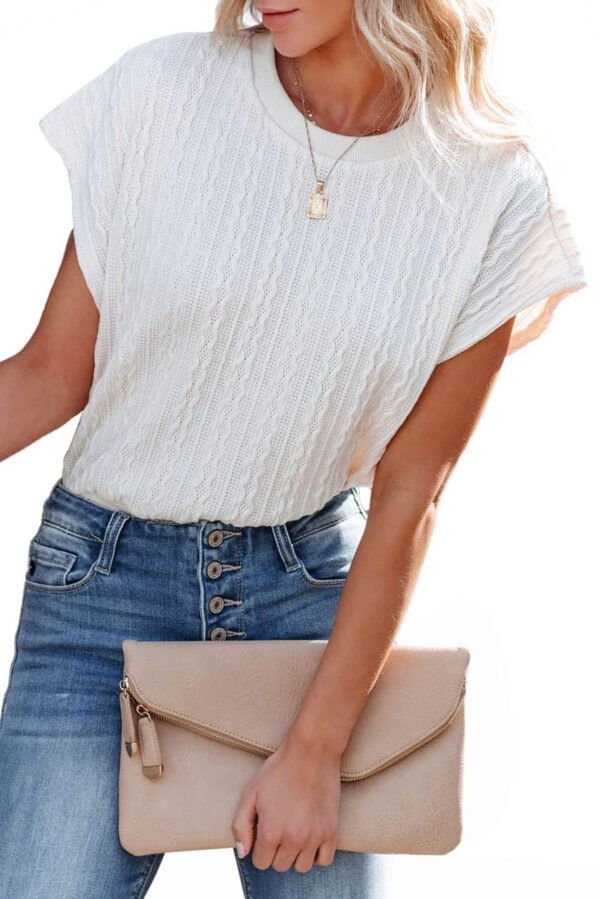 White Textured Knit Short Sleeve Top