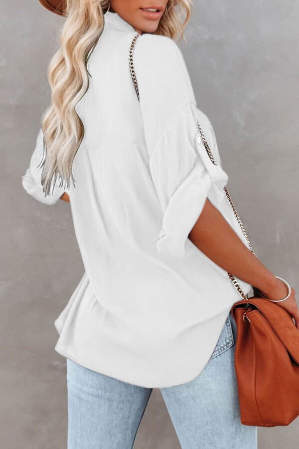 White Solid Pocket Long Sleeve Button-up Shirt