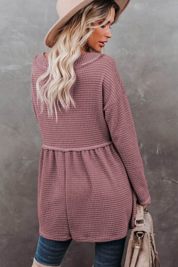 Pink Waffle Knit V Neck Long Sleeve Babydoll Top