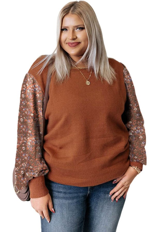 Brown Plus Size Printed Splicing Sleeve Ribbed Trim Sweater