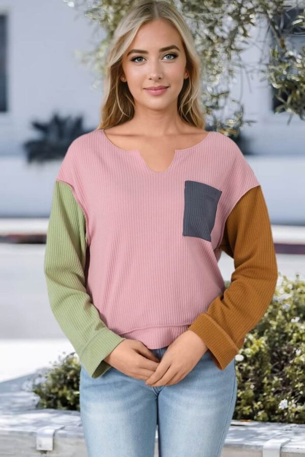 Pink Colorblock Rib Textured Loose Long Sleeve Top
