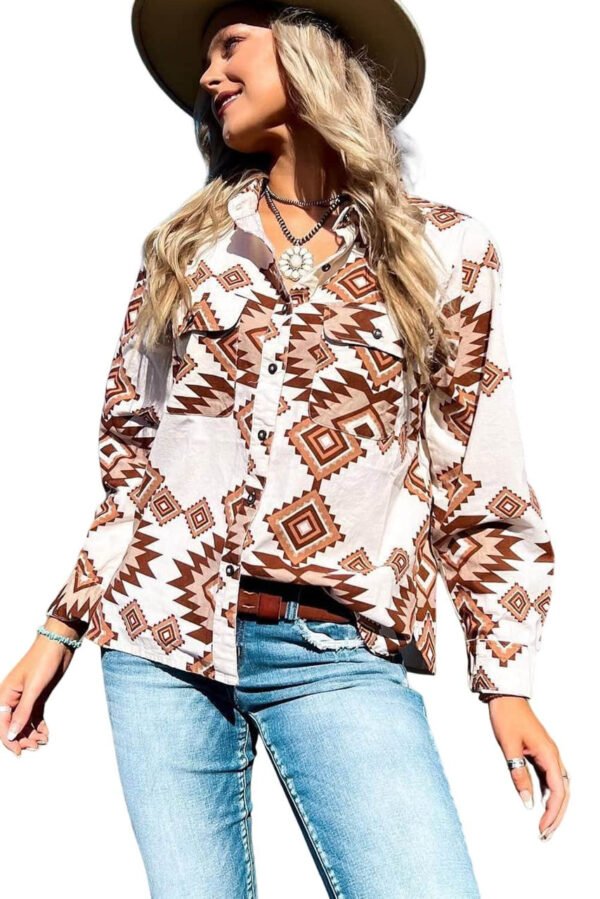 White Western Aztec Pattern Button Flap Pocket Shirt