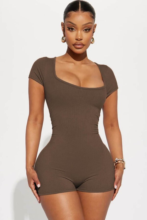 Brown Ribbed Square Neck Short Sleeve Athleisure Romper