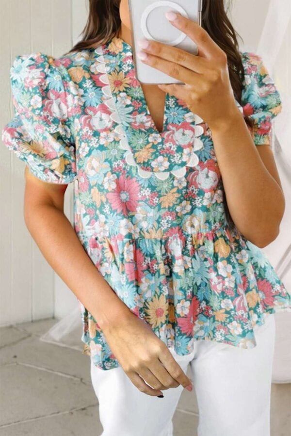 Multicolour Notched Neck Puff Short Sleeve Floral Blouse