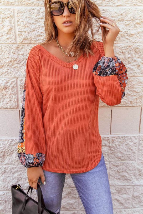 Orange Contrast Eyelet Thermal Knit Top