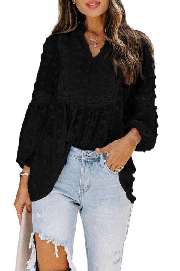 Black Ruffled Split Neck Lace Hollow Out Puff Sleeve Polka Dot Blouse