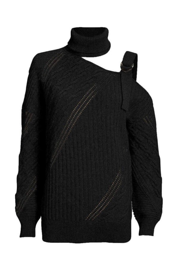 Black Strapped Cut out Shoulder Turtleneck Sweater
