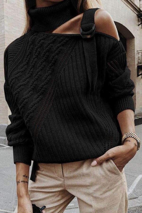 Black Strapped Cut out Shoulder Turtleneck Sweater
