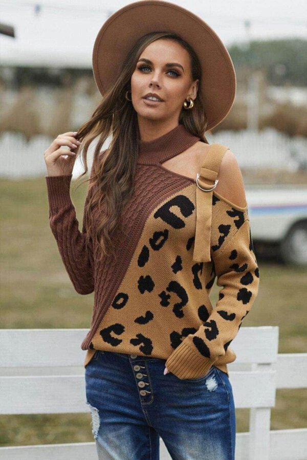 Brown Asymmetrical Buckle Sweater