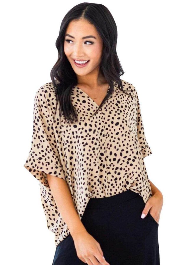Brown Chloe Animal Print V-neck Rolled Sleeve Tunic Top