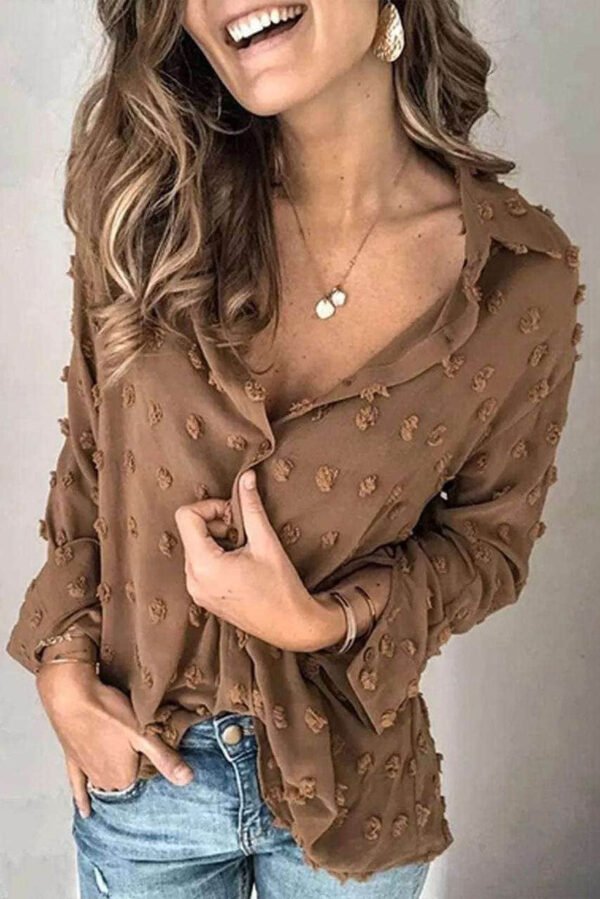 Brown Long Sleeve Button Fuzzy Polka Dot Shirt