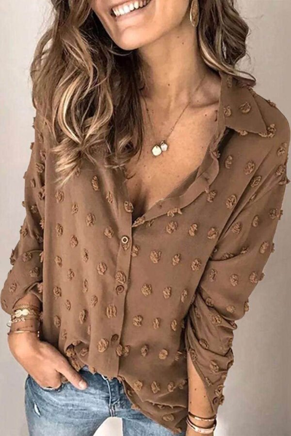 Brown Long Sleeve Button Fuzzy Polka Dot Shirt