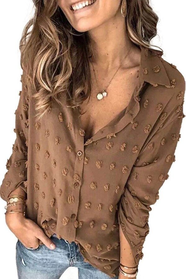 Brown Long Sleeve Button Fuzzy Polka Dot Shirt