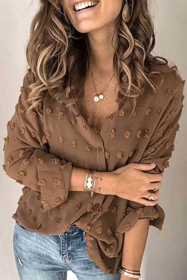 Brown Long Sleeve Button Fuzzy Polka Dot Shirt