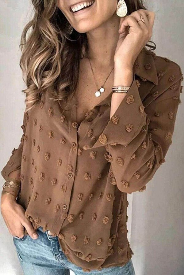 Brown Long Sleeve Button Fuzzy Polka Dot Shirt