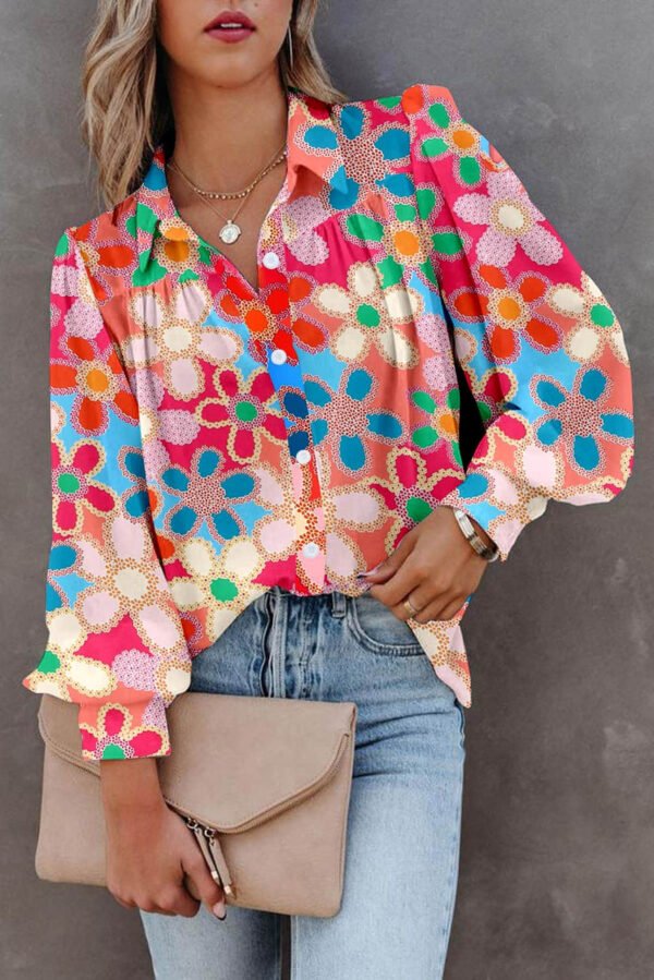 Multicolor Floral Print Bubble Sleeve Shirt