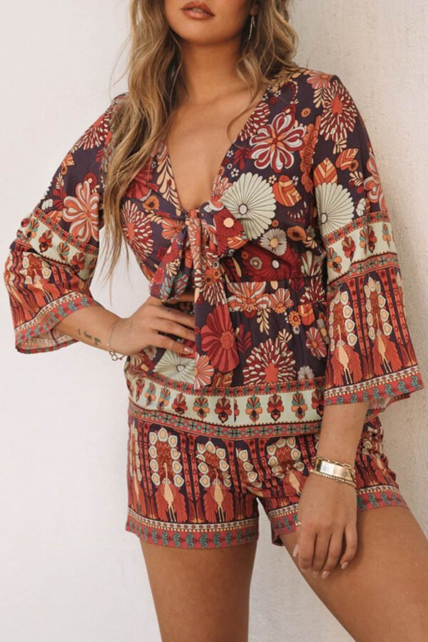 Purple Vintage Printed 3/4 Sleeves V Neck Romper