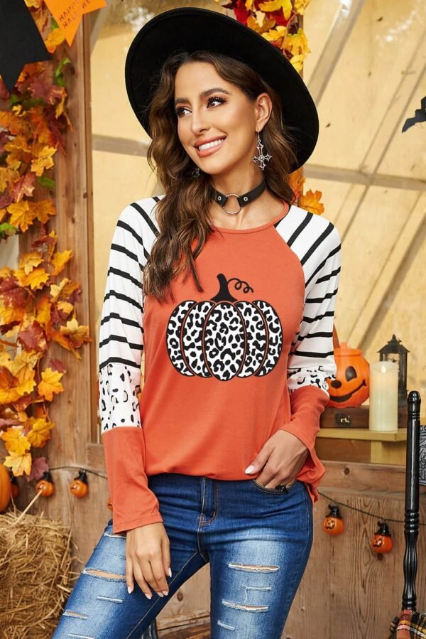 Orange Leopard Pumpkin Graphic Contrast Long Sleeve Top