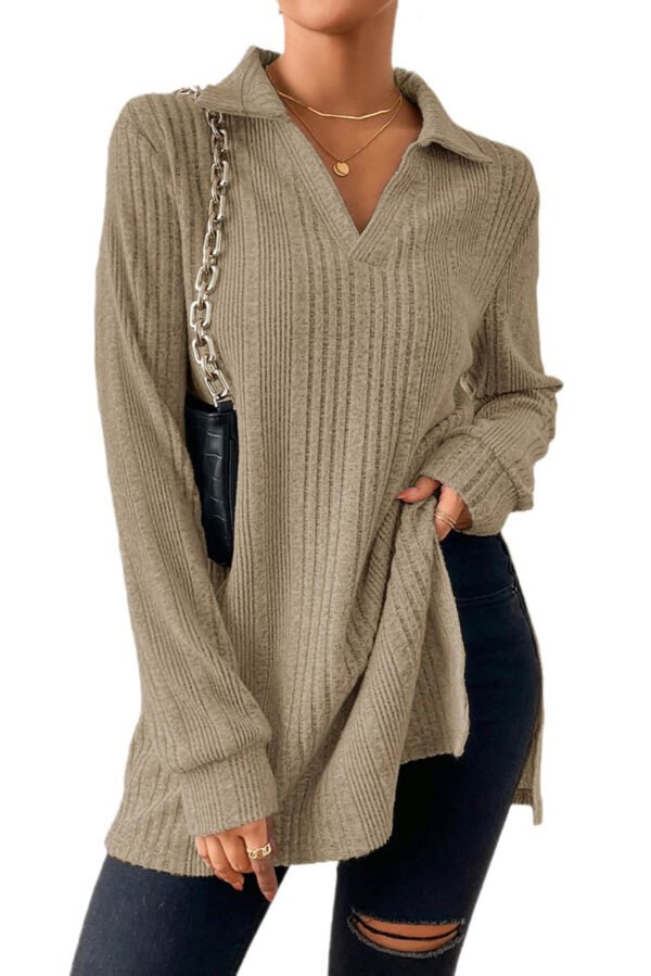 Apricot Ribbed Knit V Neck Collared Split Hem Tunic