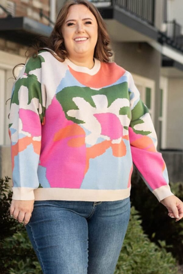 Multicolour Plus Size Floral Drop Shoulder Sweater