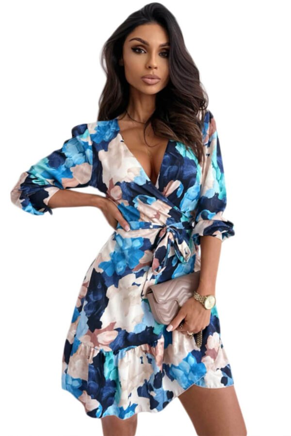 Blue Abstract Floral Long Sleeve Tied Ruffle Dress