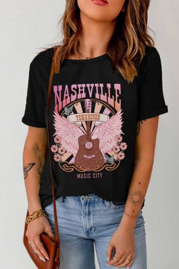 Black NASHVILLE Music City Graphic Print Short Sleeve Top