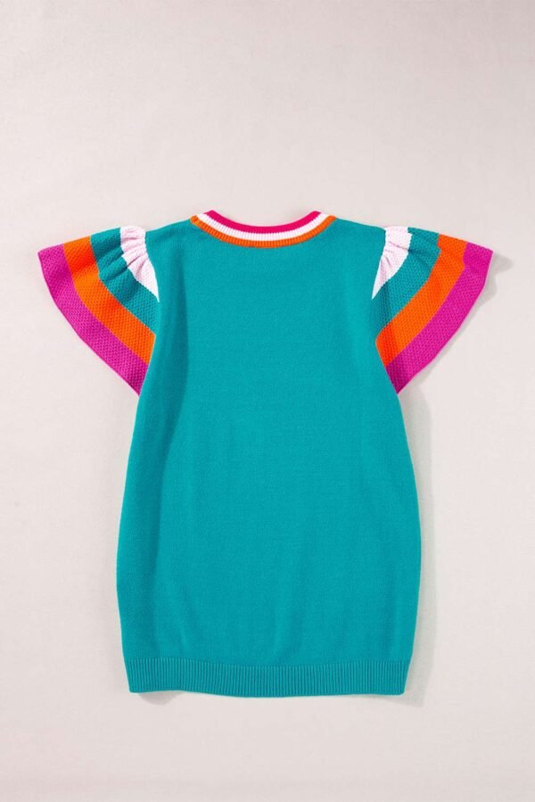 Turquoise Contrast Flutter Sleeves Knitted Sweater T Shirt