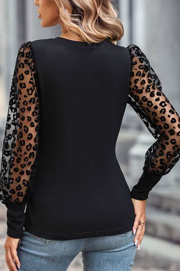 Black Leopard Mesh Puff Sleeve Patchwork Slim Fit Top