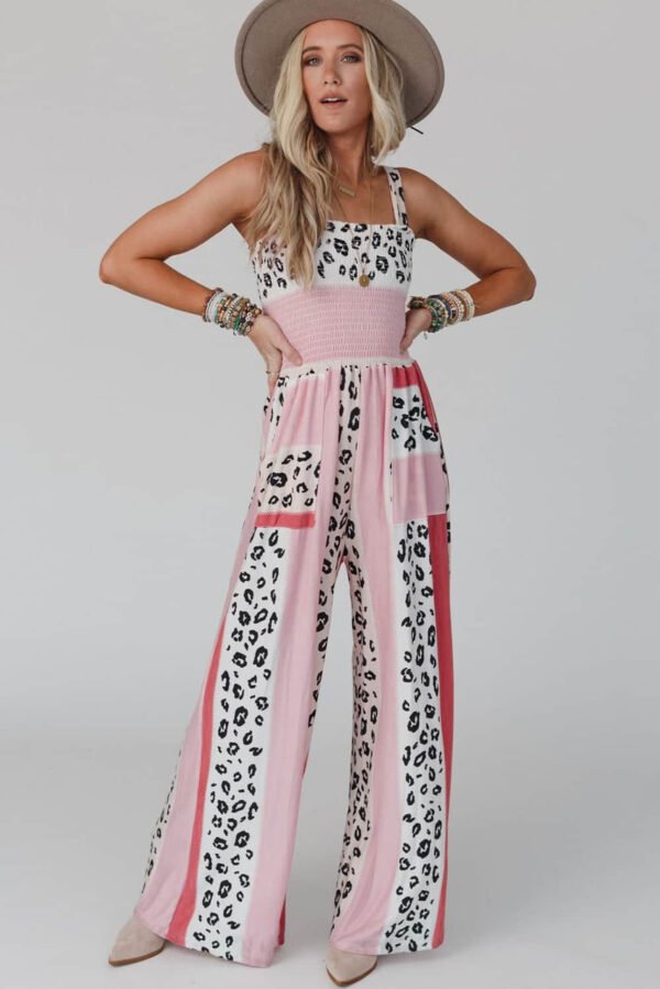 Leopard Color Block Mix Print Pocketed Jumpsuit