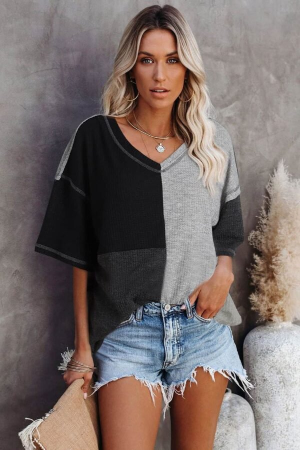 Black Waffle Colorblock Long Sleeve Oversized Top