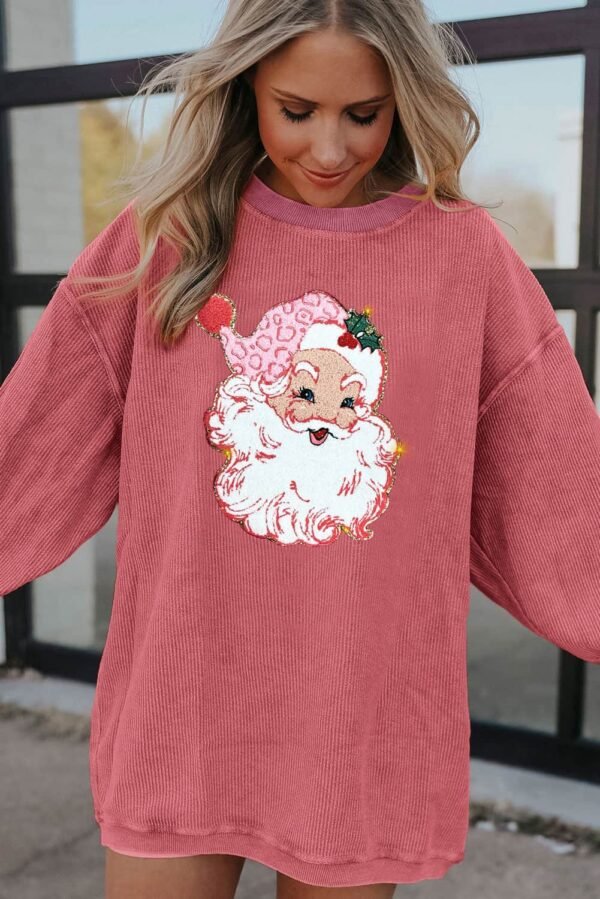 Strawberry Pink Santa Claus Sparkle Corded Crew Neck Sweatshirt