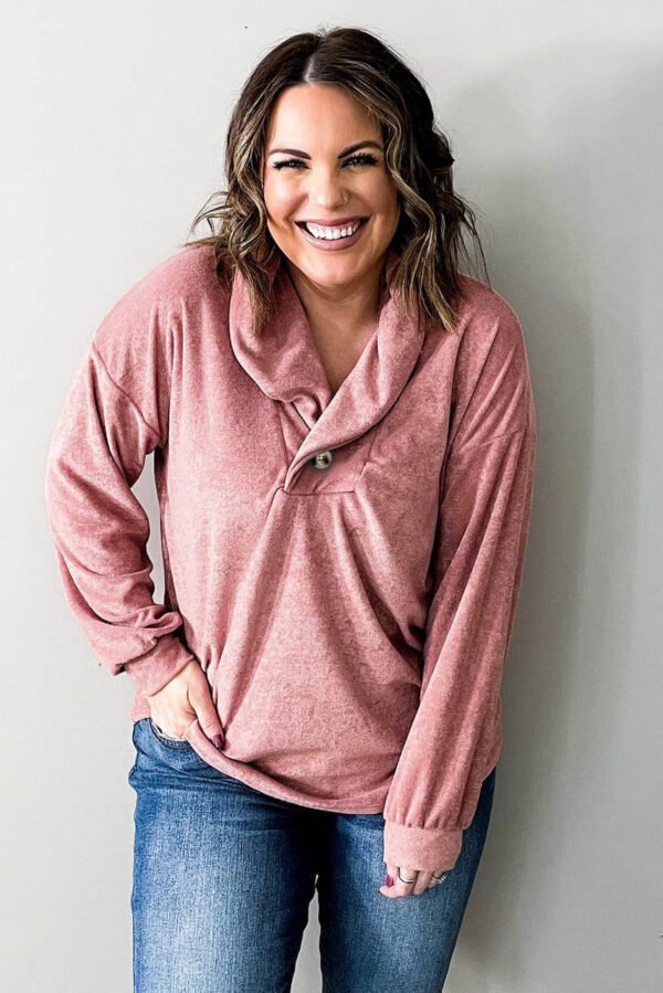 Pink Plus Size Long Sleeve V-Neck Buttoned Top