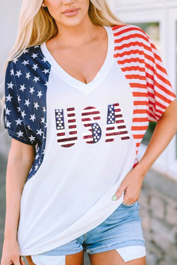 White USA Flag Sequin Patchwork Color Bock T Shirt