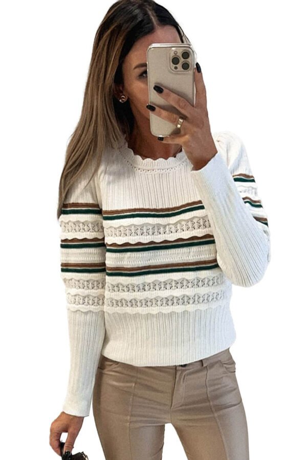 White Striped Ribbed Scalloped Detail Knit Sweater