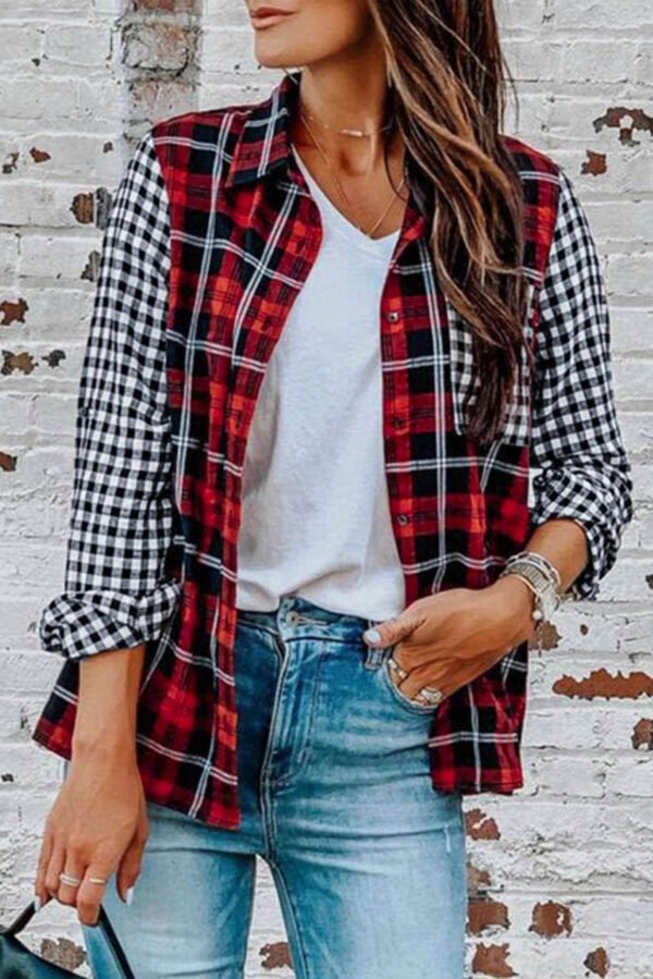 Red Plaid Splicing Hit Color Pockets Turndown Collar Long Sleeve Shirt