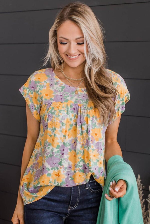 Yellow Floral Print Keyhole Back Short Sleeve Babydoll Blouse