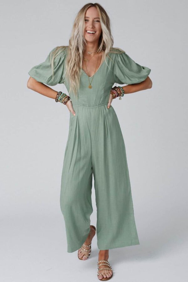 Green V Neck Puff Sleeve Hollow out Wide Leg Jumpsuit