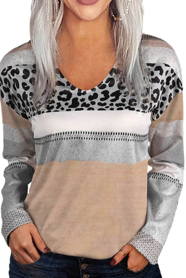 Apricot Leopard Color Block V Neck Top