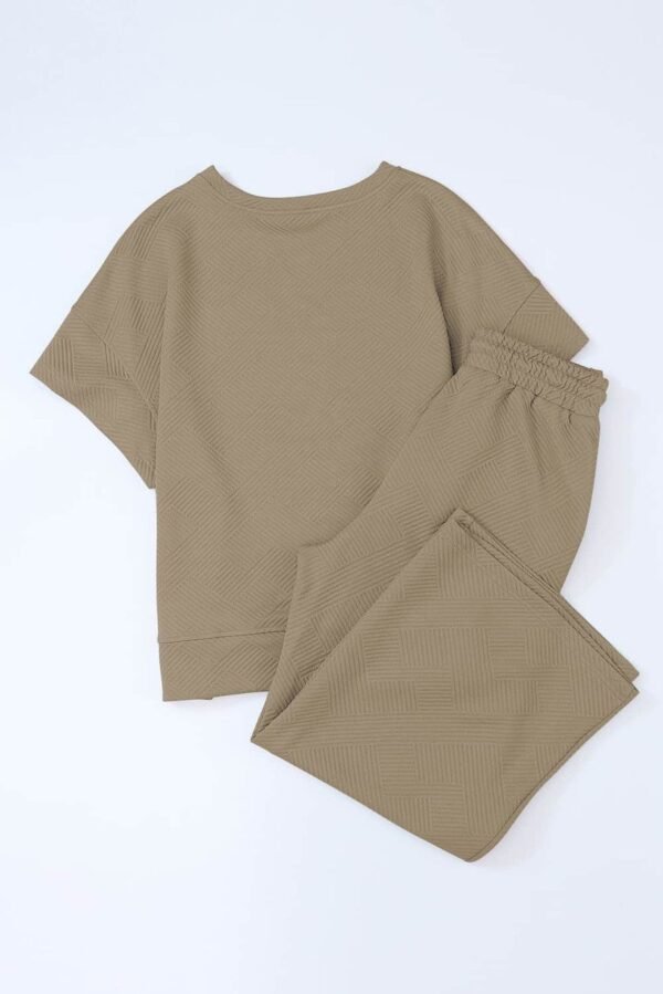 Apricot khaki Textured Loose Fit T Shirt and Drawstring Pants Set