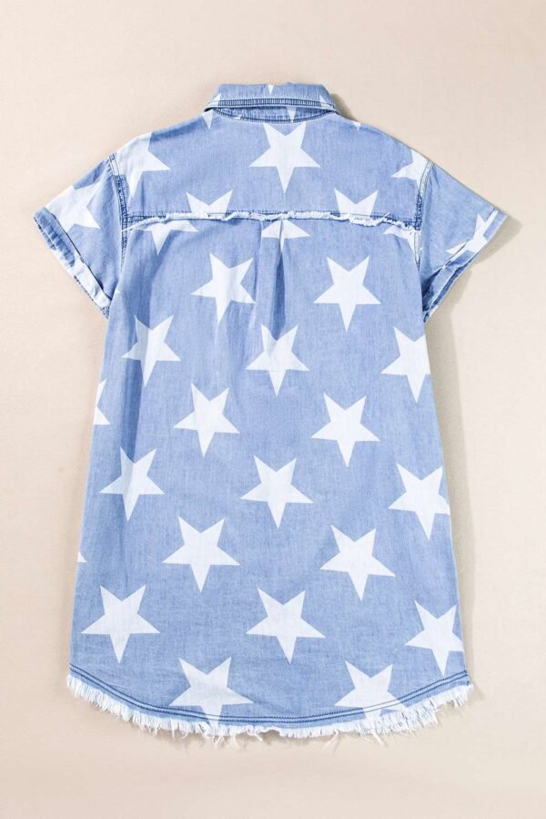 Sky Blue Stars Frayed Hem Collared Short Sleeve Denim Dress