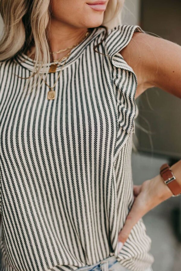 Gray Crew Neck Ruffled Striped Tank Top