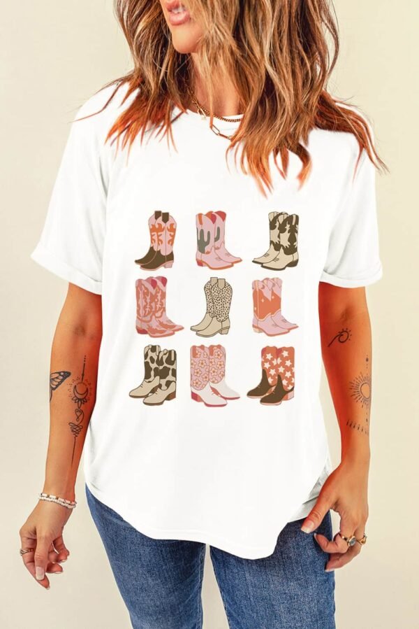 White Western Cowboy Boots Print Round Neck T Shirt