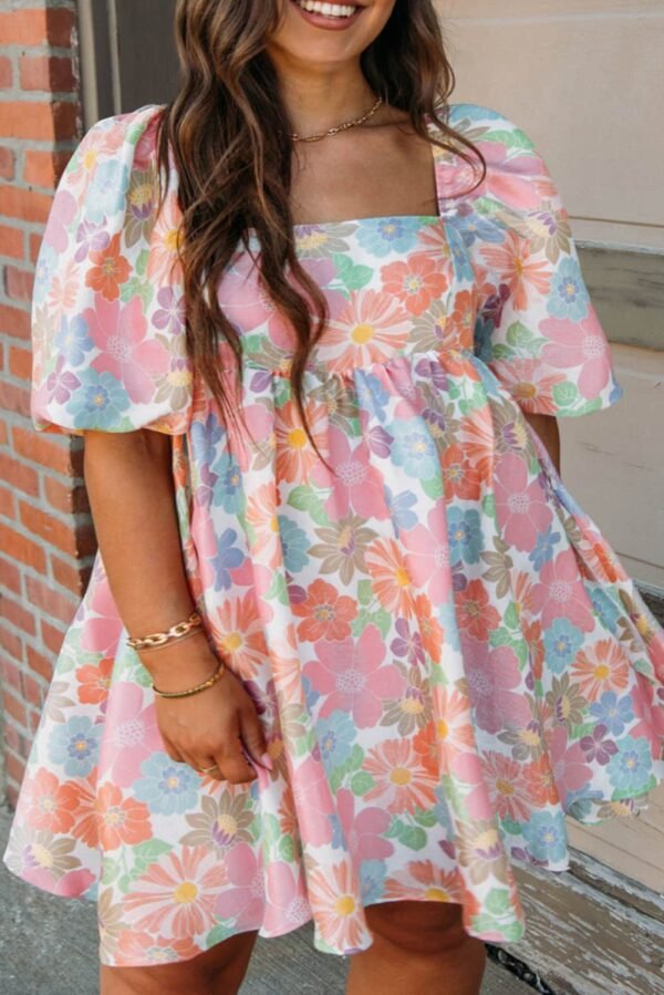 Multicolour Floral Puff Sleeve Square Neck Plus Babydoll Dress