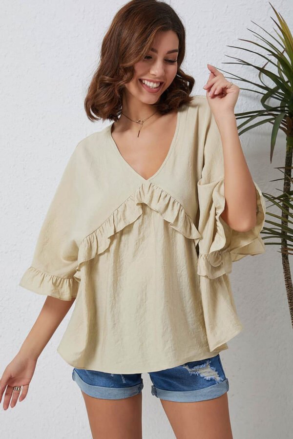 Apricot V Neck Draped Batwing Sleeve Ruffle Top