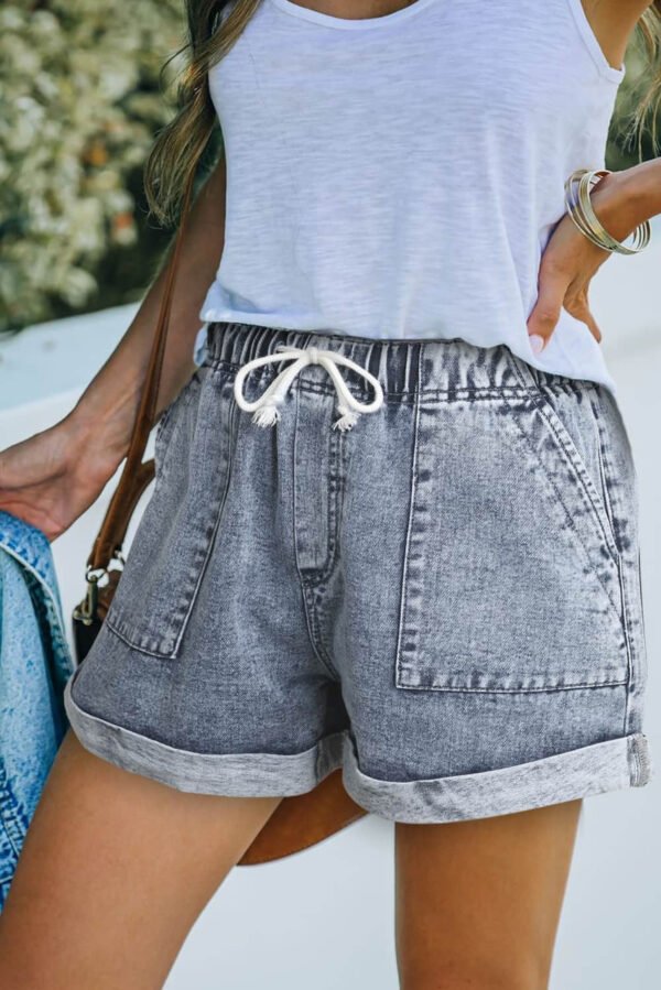 Gray Pocketed Drawstring High Waist Denim Shorts