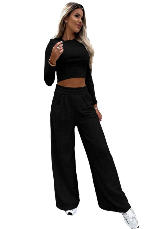 Black Crop Top and Wide Leg Pants Two Piece Set