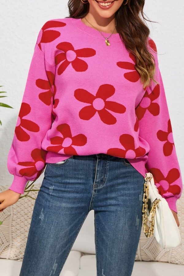 Rose Big Flower Knit Ribbed Trim Sweater