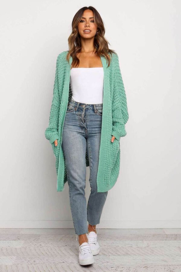 Green Long Line Open Front Knitted Cardigan with Pockets