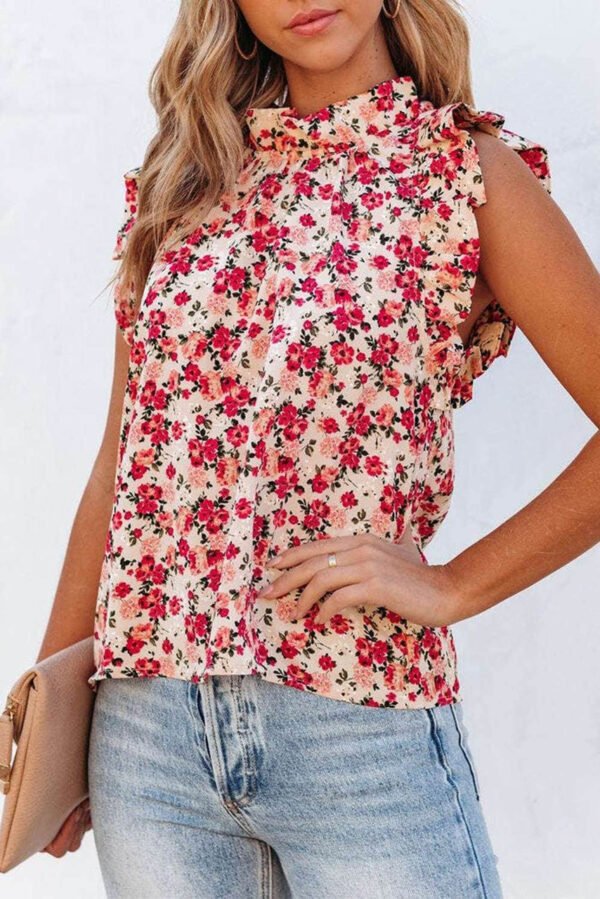 Red Floral Print Ruffled Mock Neck Sleeveless Top